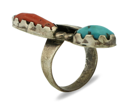 Navajo Ring .925 Silver Turquoise & Coral Native American Artist C.1980's