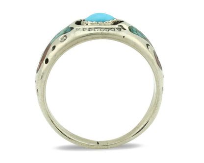 Navajo Handmade Ring 925 Silver Blue Turquoise & Coral Native American C.80's