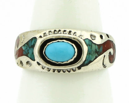 Navajo Handmade Ring 925 Silver Blue Turquoise & Coral Native American C.80's