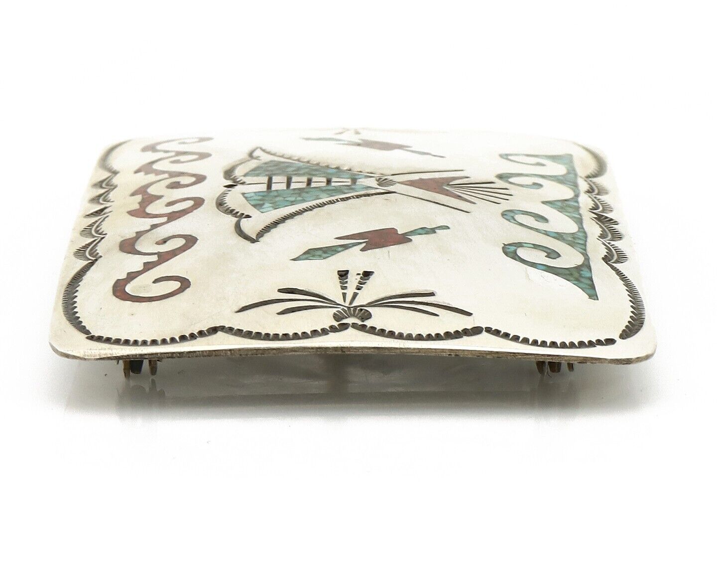 Navajo Belt Buckle .925 Silver Handmade Chip Inlay Artist Signed Bee Gay C.80's