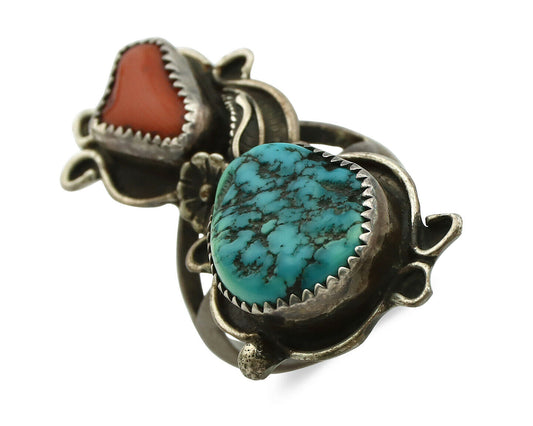 Navajo Ring .925 Silver Turquoise & Coral Native American Artist C.1980's