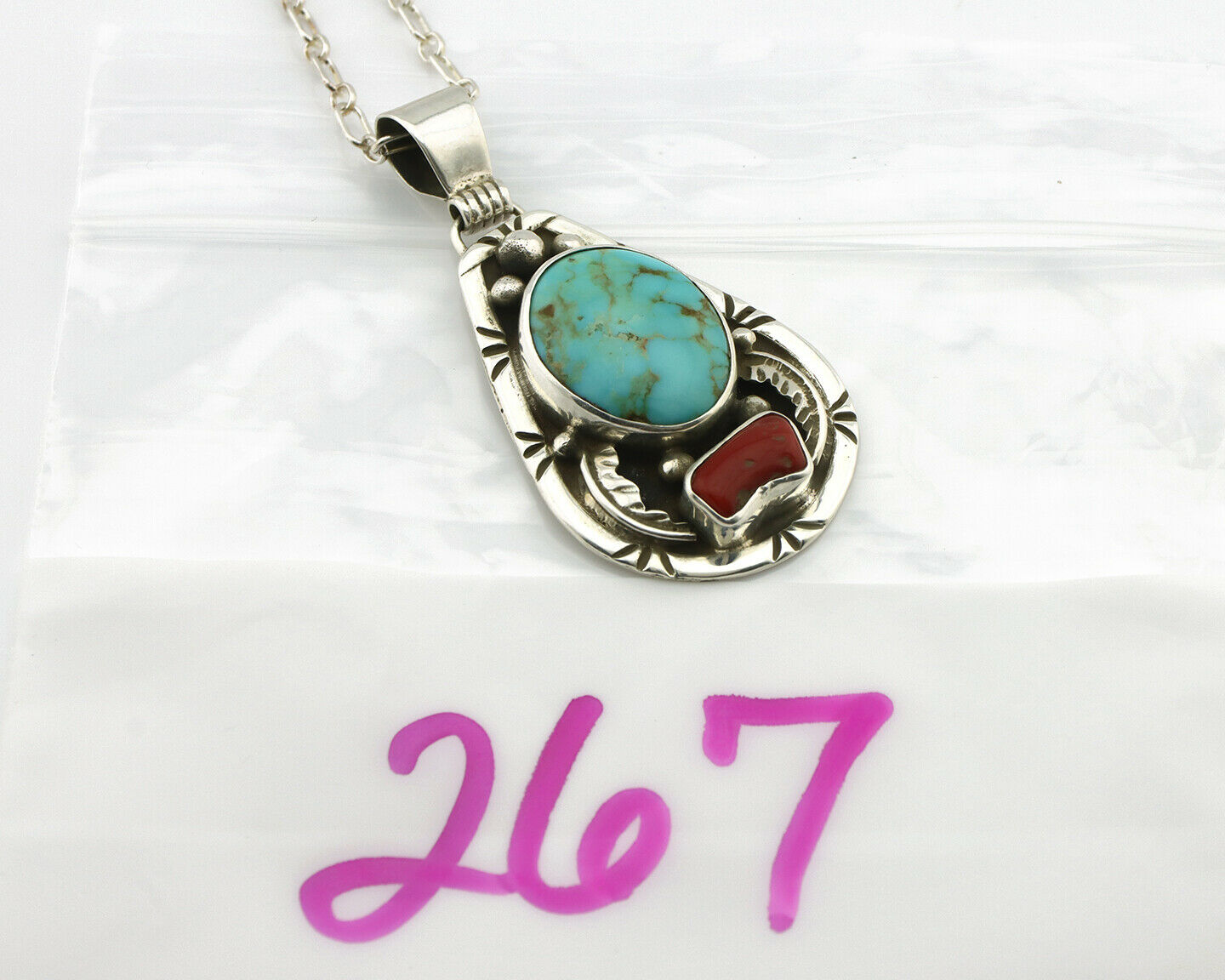 Navajo Necklace .925 Silver Natural Blue Turquoise & Coral Tipi Artist C.80's