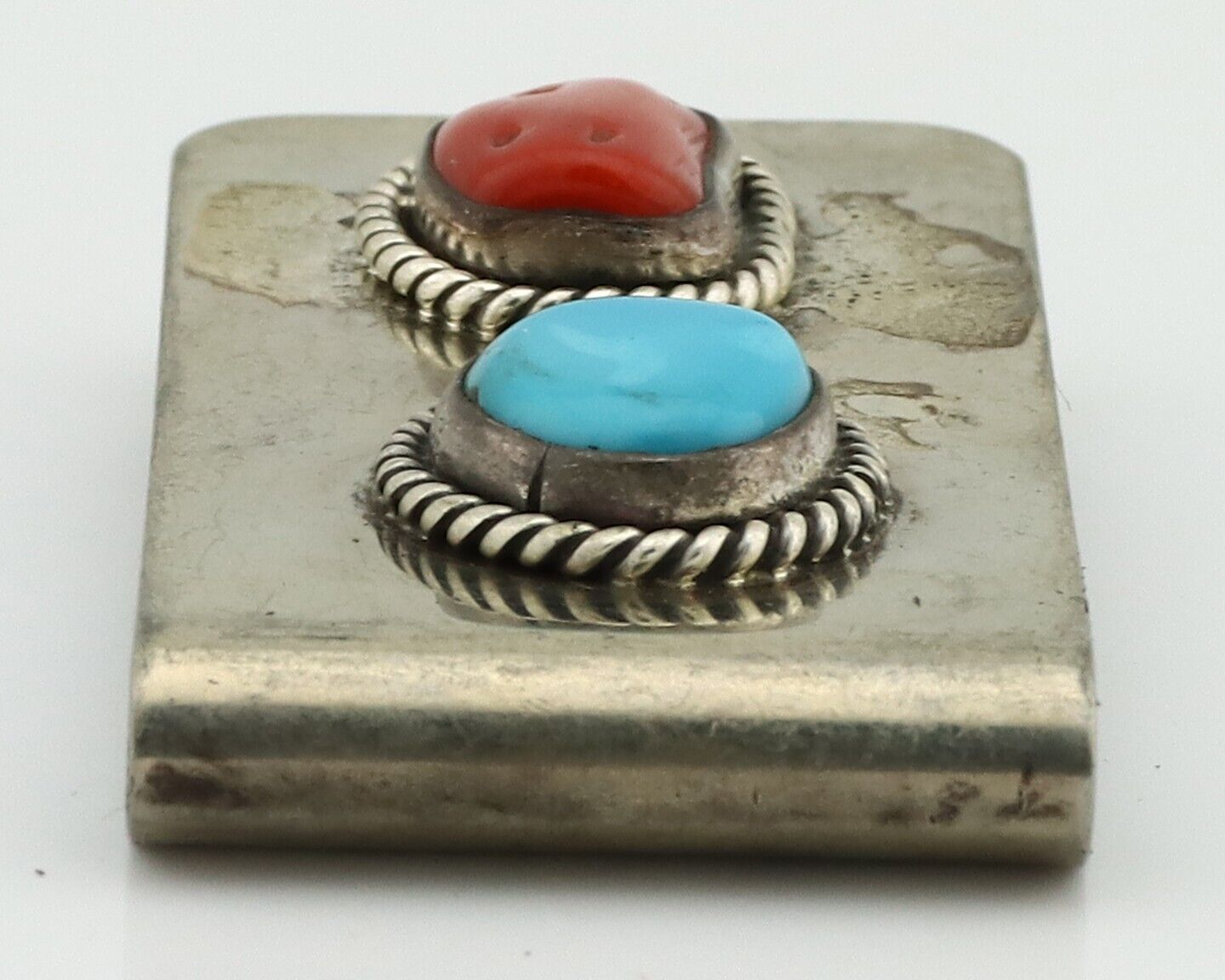 Navajo Money Clip 925 Silver & 999 Nickel Natural Turquoise & Coral Artist C80