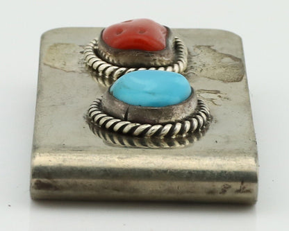 Navajo Money Clip 925 Silver & 999 Nickel Natural Turquoise & Coral Artist C80