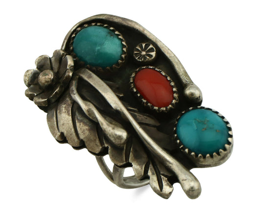 Navajo Ring .925 Silver Turquoise & Coral Native American Artist C.1980's