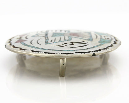 Navajo Belt Buckle .999 Nickle Silver Turquoise Coral Signed SD C.80's