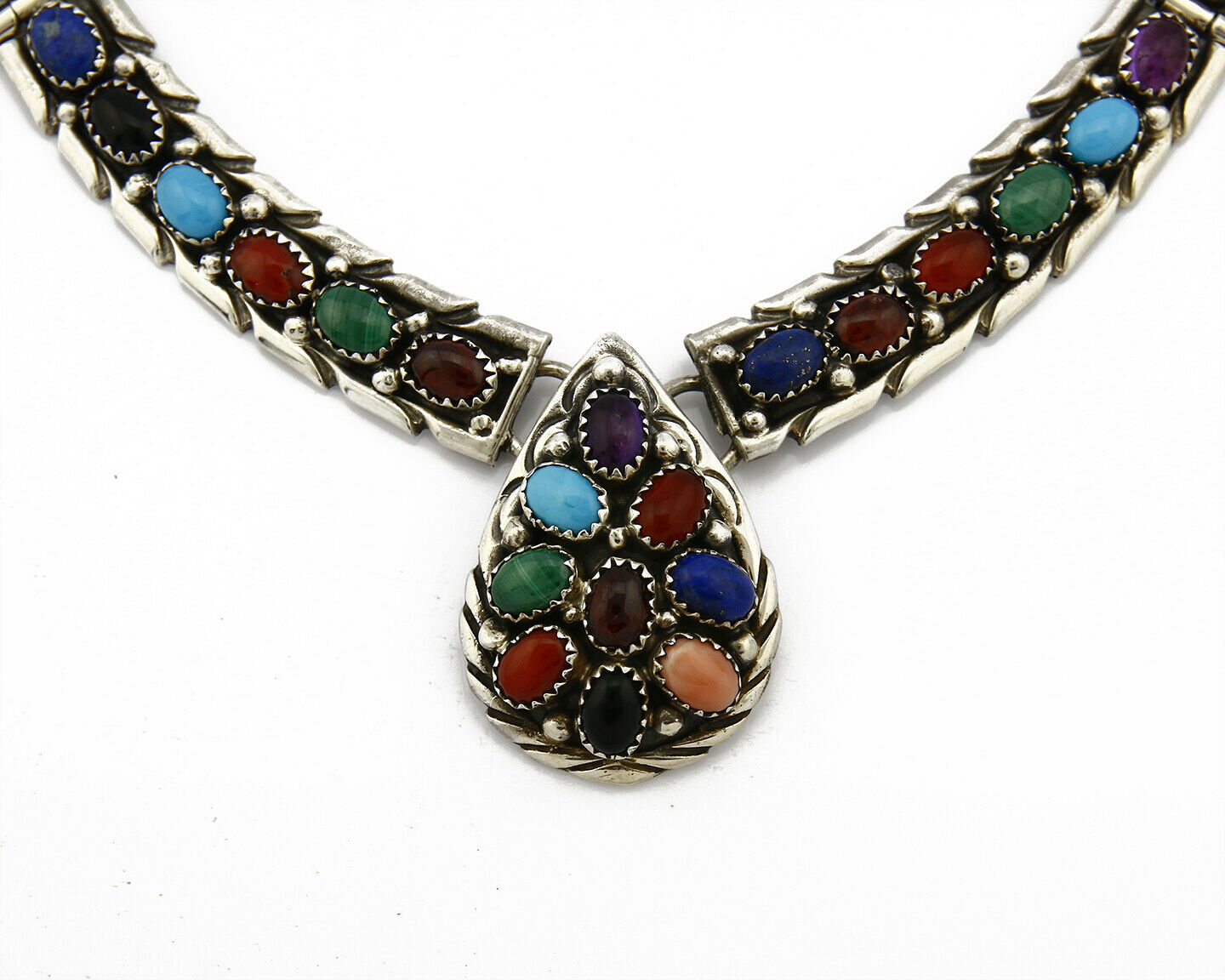 VTG UNWORN Navajo Fred Adaki .925 Silver Natural Gemstone Necklace