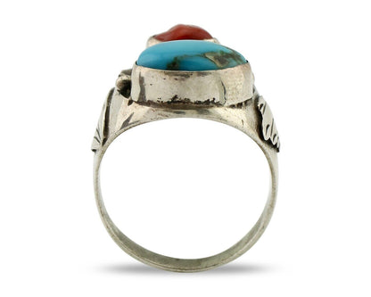 Navajo Ring 925 Silver Blue Turquiose & Mediterranean Coral Native Artist C.80's