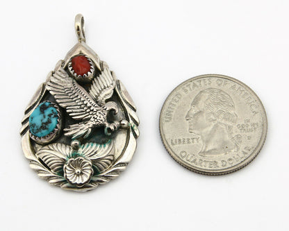 Navajo Pendant .925 Silver Coral & Turquoise Artist Native C.80's