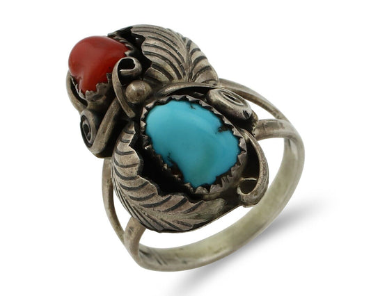 Navajo Handmade Ring 925 Silver Turquiose & Coral Native American Artist C.80's