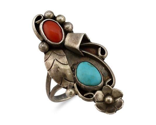 Navajo Handmade Ring 925 Silver Turquiose & Coral Artist Signed EB C.80's