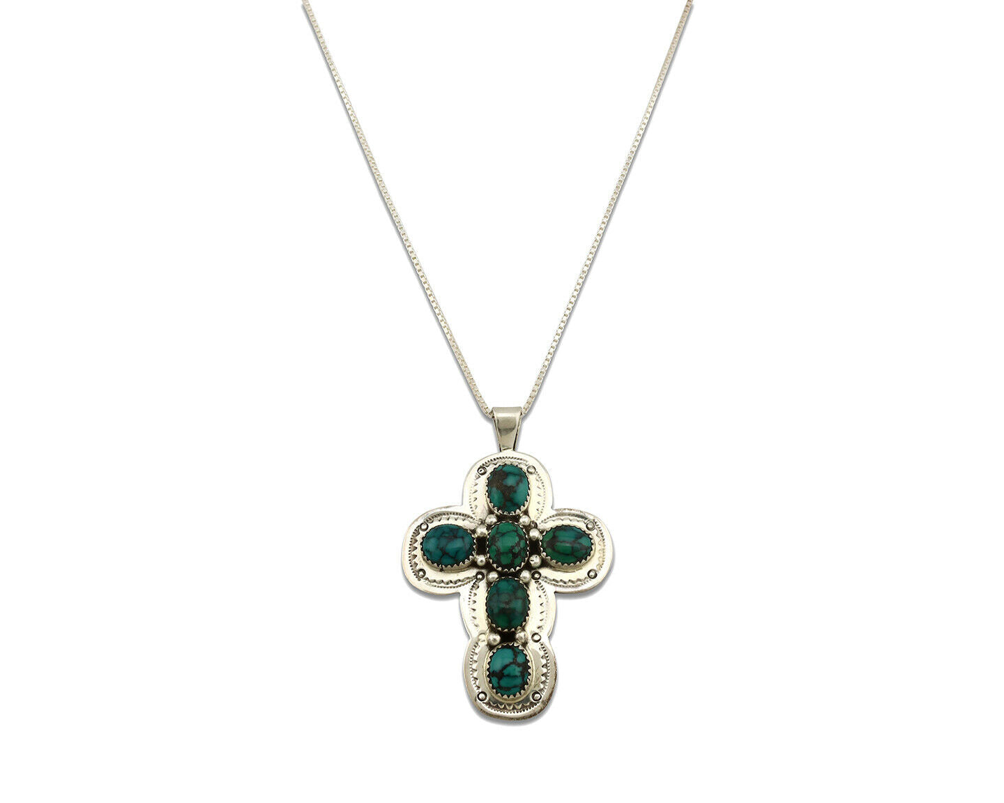 Navajo Cross Necklace .925 Silver Spiderweb Turquoise Native Artist C.80's