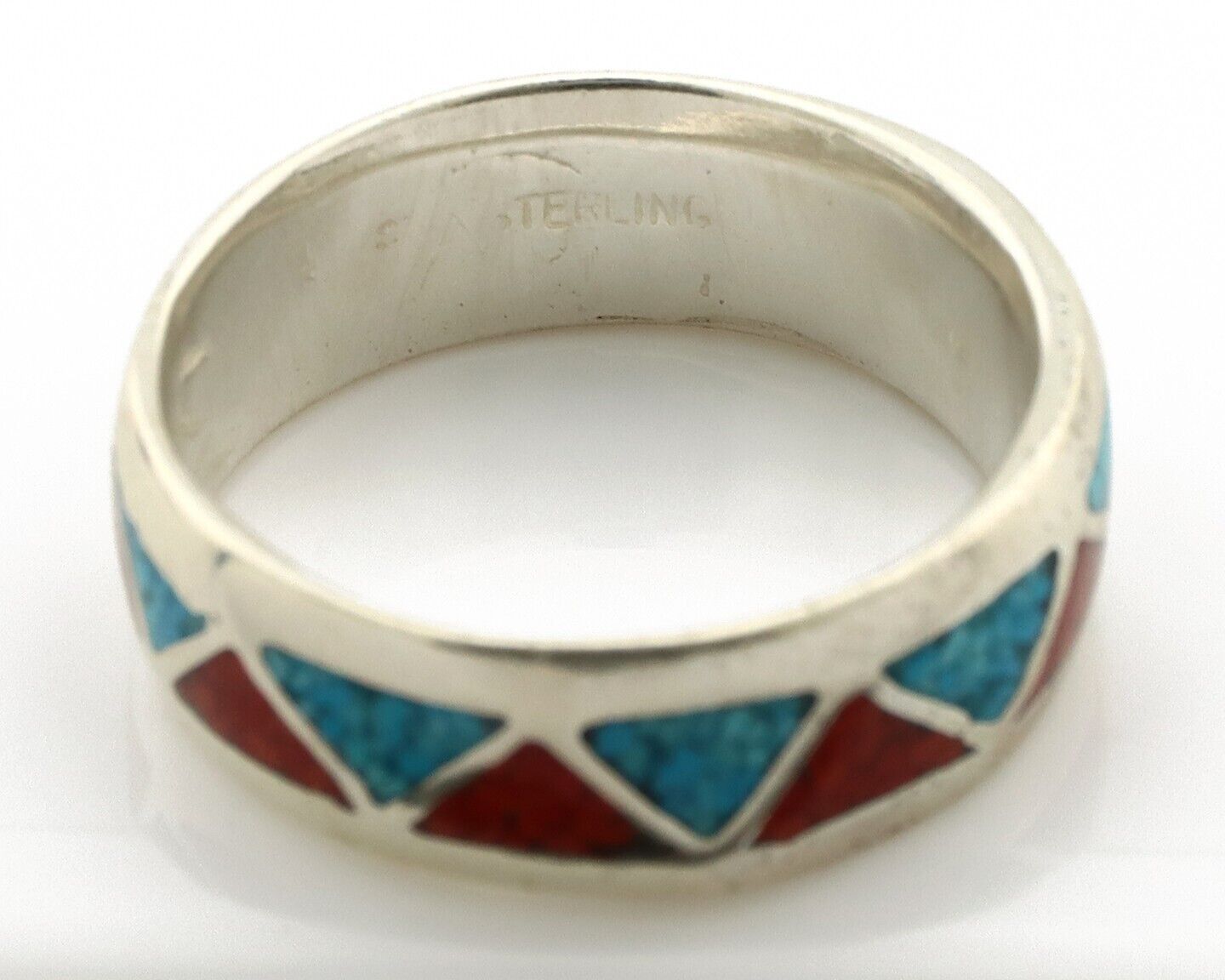 Navajo Chip Inlay Ring 925 Silver Sleeping Beauty Turquoise & Coral Silver Cloud