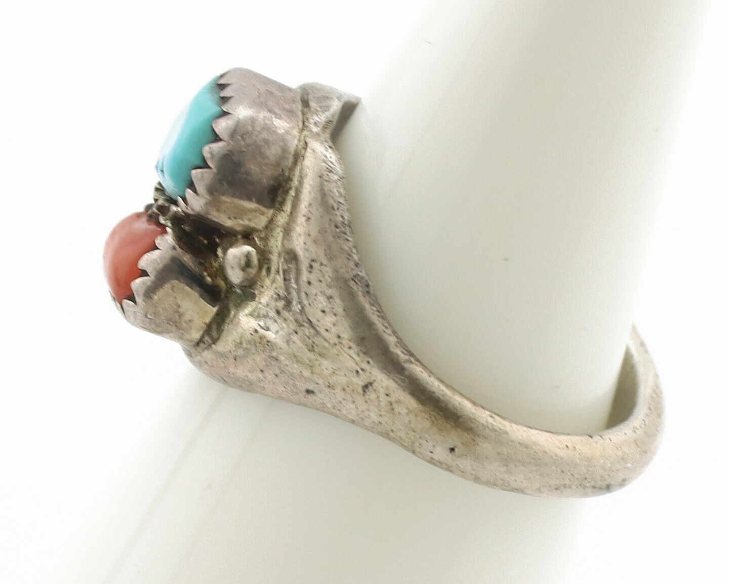 Zuni Ring .925 Silver Natural Turquoise & Coral Native American Artist C.1980's