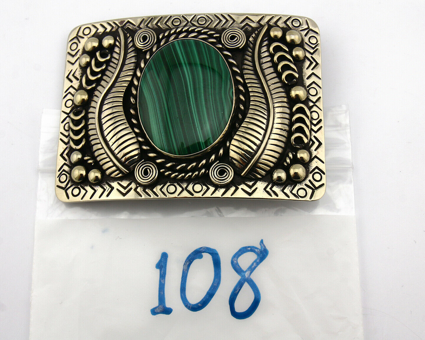 Navajo Handmade Belt Buckle .999 Nickle Silver Malachite Artist Signed Tipi C80s