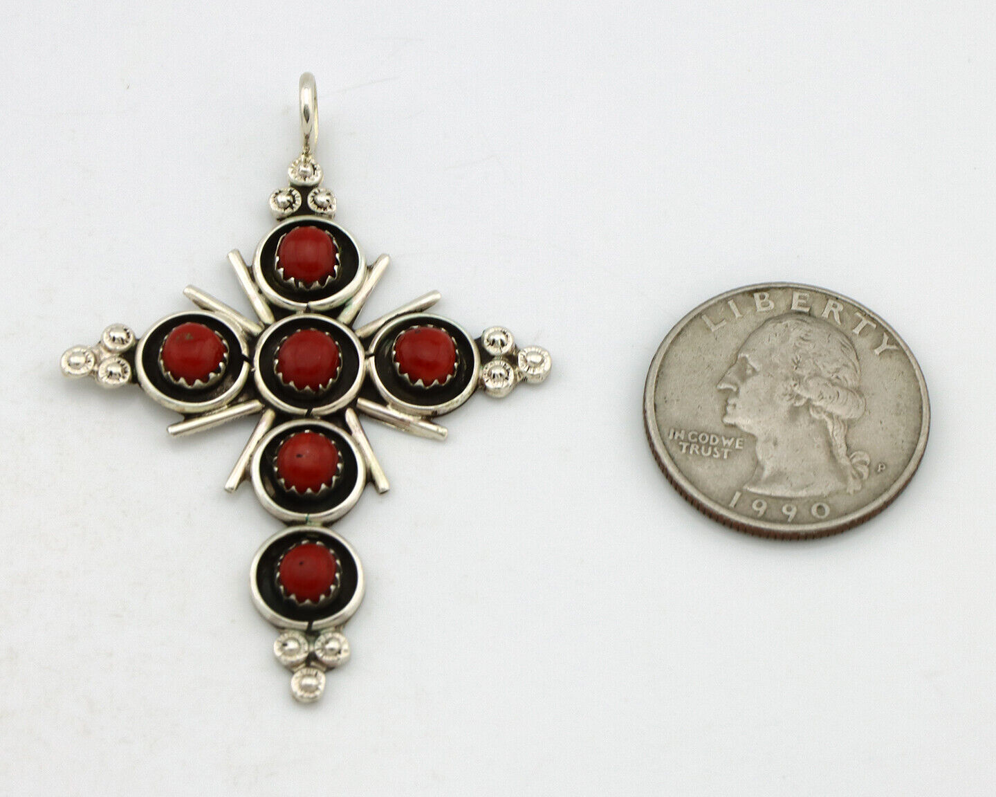 Zuni Handmade Cross Necklace 925 Silver Red Coral Artist Signed NOM? C.80's