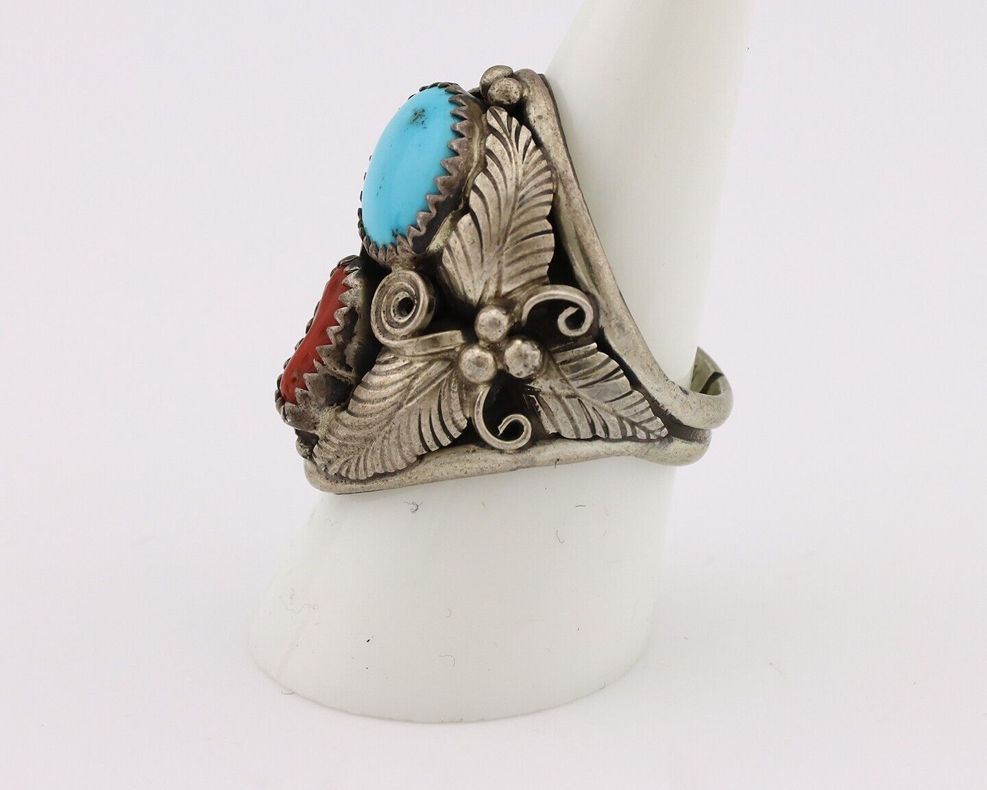 Navajo Ring 925 Silver Blue Turquiose & Mediterranean Coral Native Artist C.80's