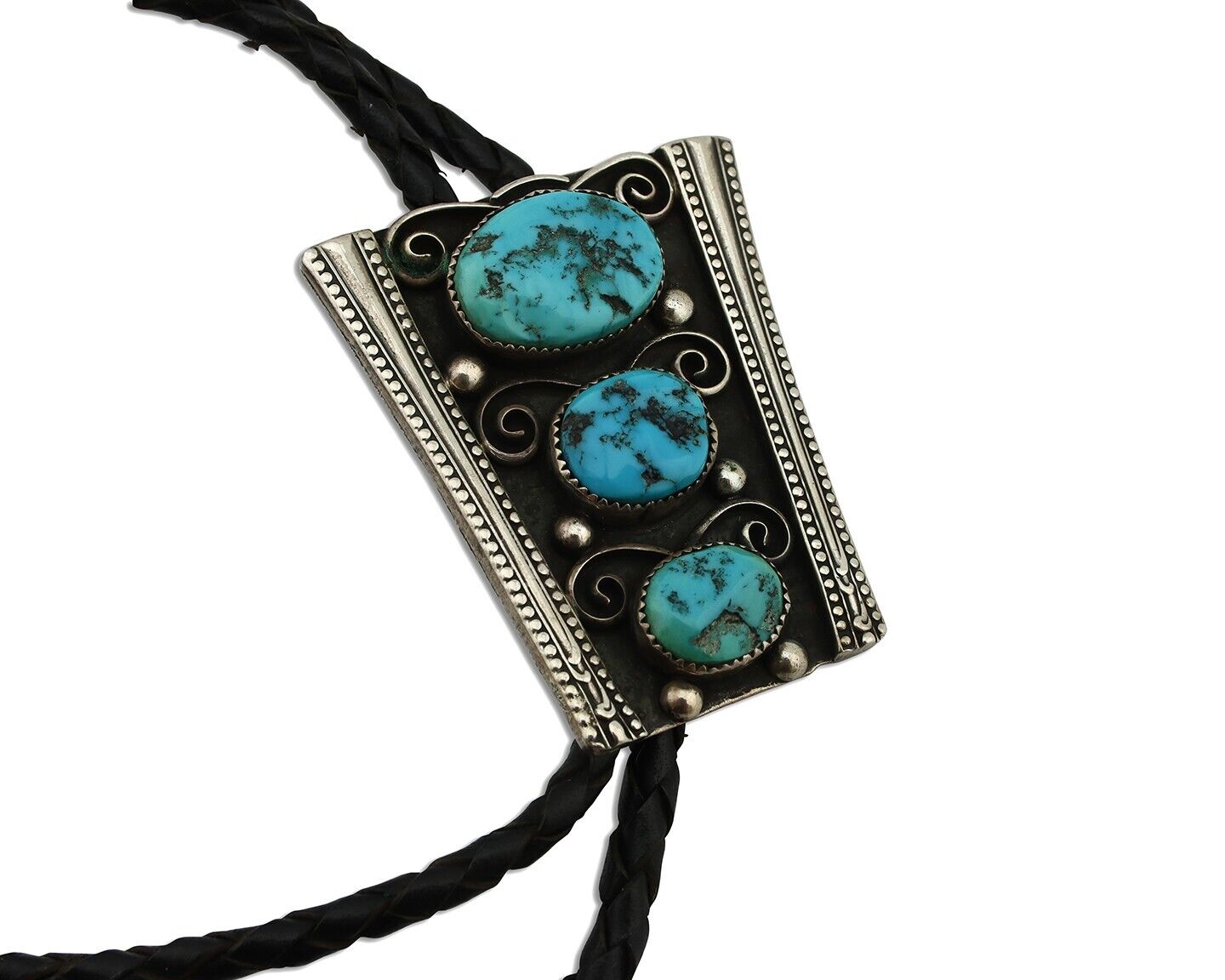 Navajo Bolo Necktie 925 Silver Sleeping B Turquoise Native American Artist C.80s