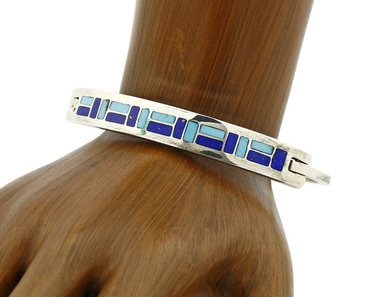 Vtg Navajo Signed ED. B Handmade Inlaid .925 Silver Bracelet