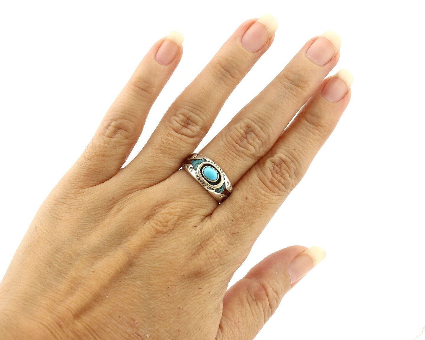 Navajo Handmade Ring 925 Silver Blue Turquoise & Coral Native American C.80's