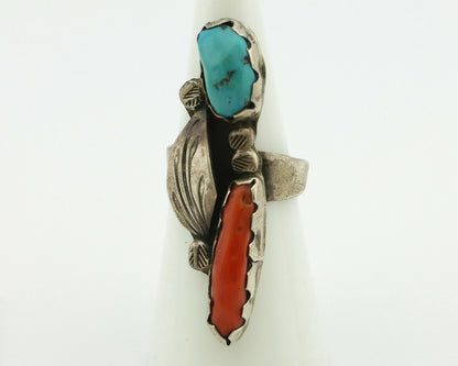 Navajo Ring .925 Silver Turquoise & Coral Native American Artist C.1980's