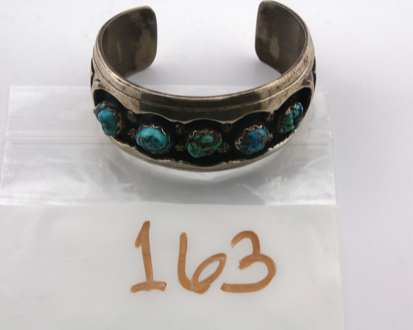 Navajo Bracelet .925 Silver Natural Chunk Turquoise Signed HU C.80's