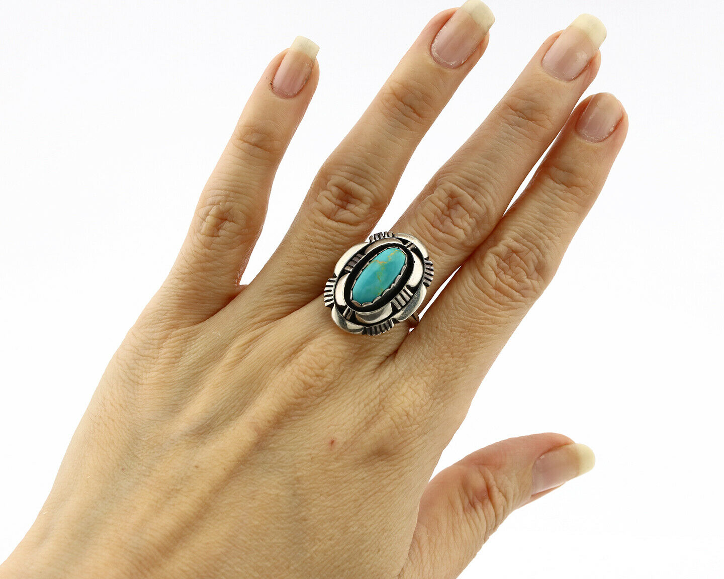 Navajo Ring .925 Silver Morenci Turquoise Artist Signed L. M. Nez C80s