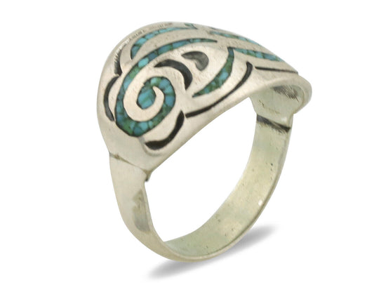 Navajo Ring 925 Silver Chip Inlay Turquoise Artist Signed Thomas Singer C.80's