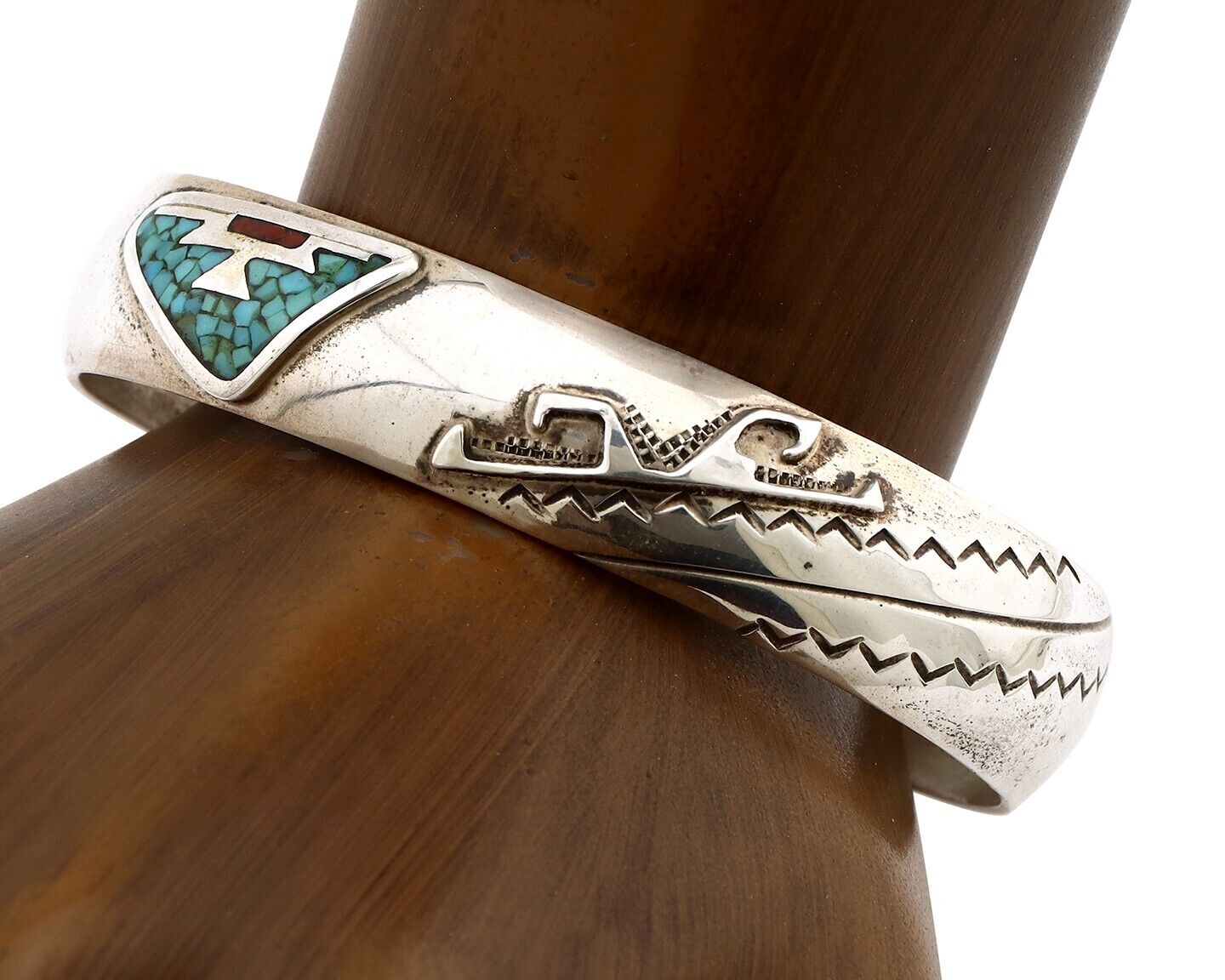 Navajo Chip Inlay Cuff Bracelet 925 Silver Turquoise & Coral Artist NAKAI C.80's