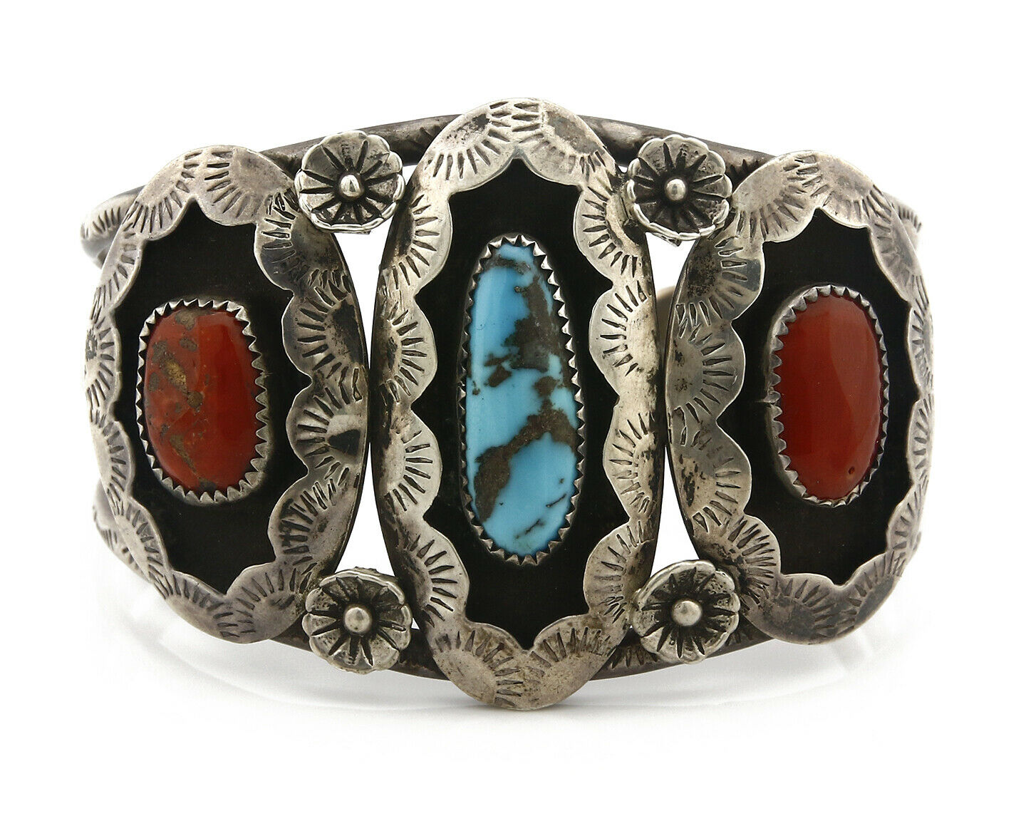 Navajo Bracelet .925 Silver Turquoise & Coral Old Pawn Native American Cuff C80s