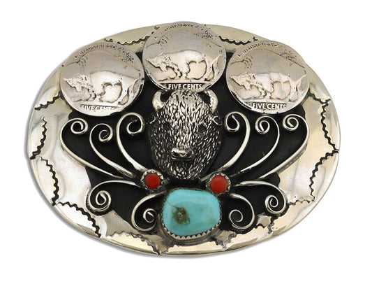 Navajo Buffalo Belt Buckle Nickle Silver Gemstone Handmade Native American C.80s