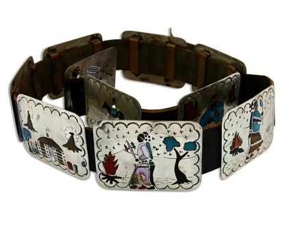 Navajo Concho Belt .925 Silver Inlaid Signed Benjamin Becenti C.80's