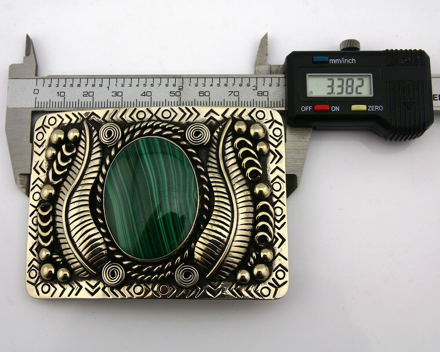 Navajo Handmade Belt Buckle .999 Nickle Silver Malachite Artist Signed Tipi C80s