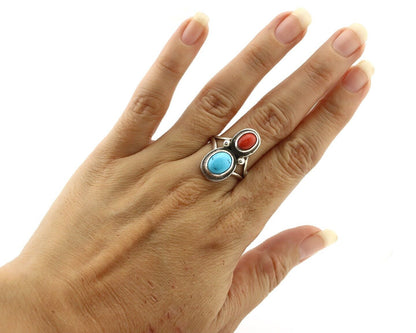 Navajo Inlay Band Ring 925 Silver Turquoise & Coral Native Artist C.80's