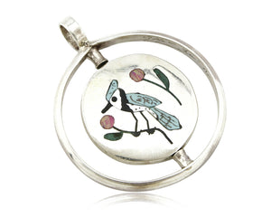 Navajo Bird Spinner Pendant .925 Siller Inlaid Gemstone Signed Baylor C.80's