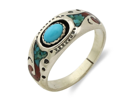 Navajo Handmade Ring 925 Silver Blue Turquoise & Coral Native American C.80's