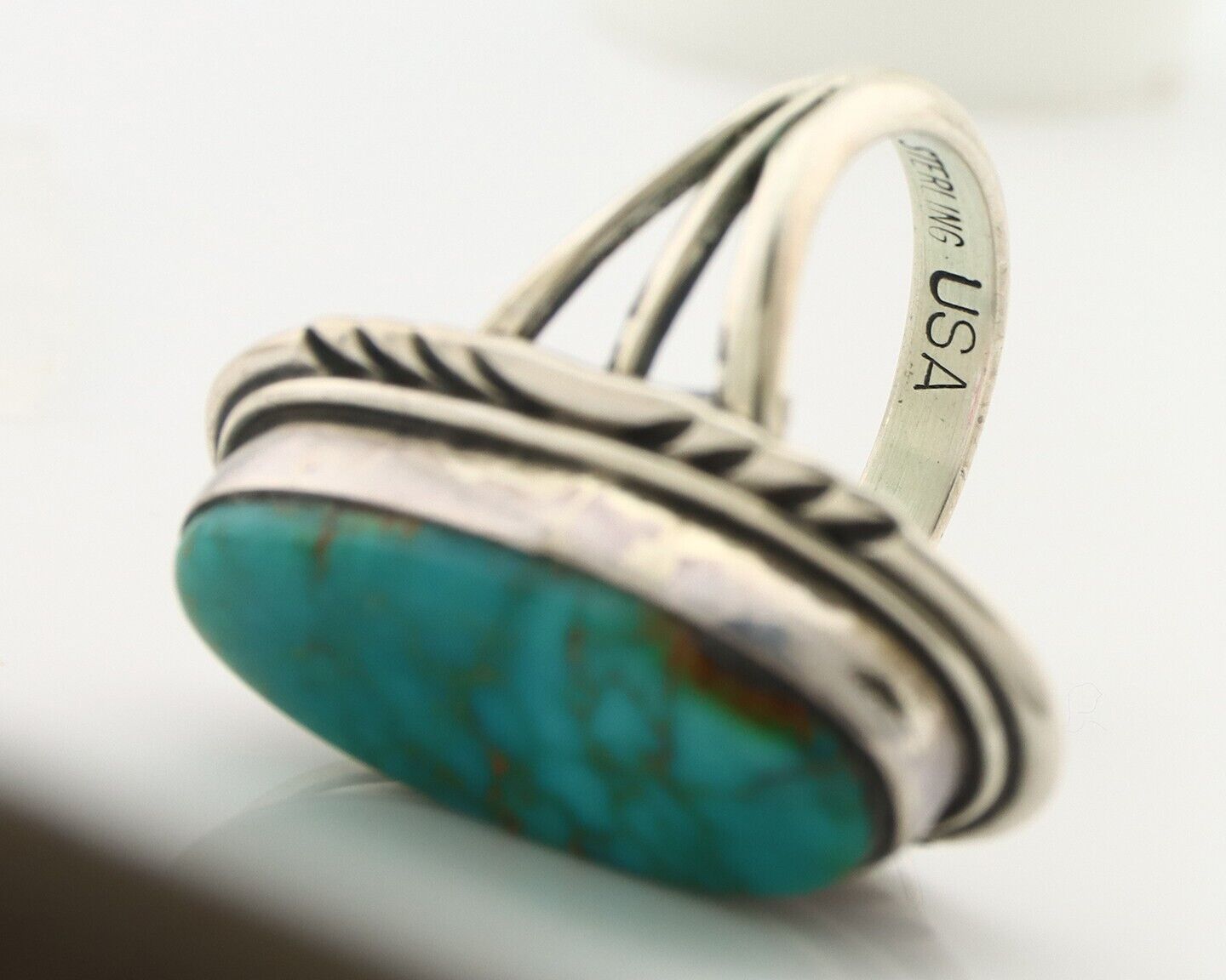 Navajo Ring .925 Silver Blue Gem Turquoise Artist Signed USA C.80's