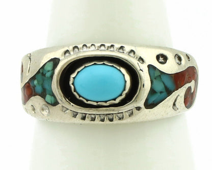 Navajo Handmade Ring 925 Silver Blue Turquoise & Coral Native American C.80's