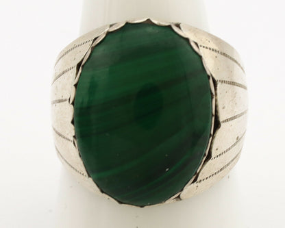 Navajo Ring .925 Silver Natural Green Malachite Artist Signed DL C.1980's