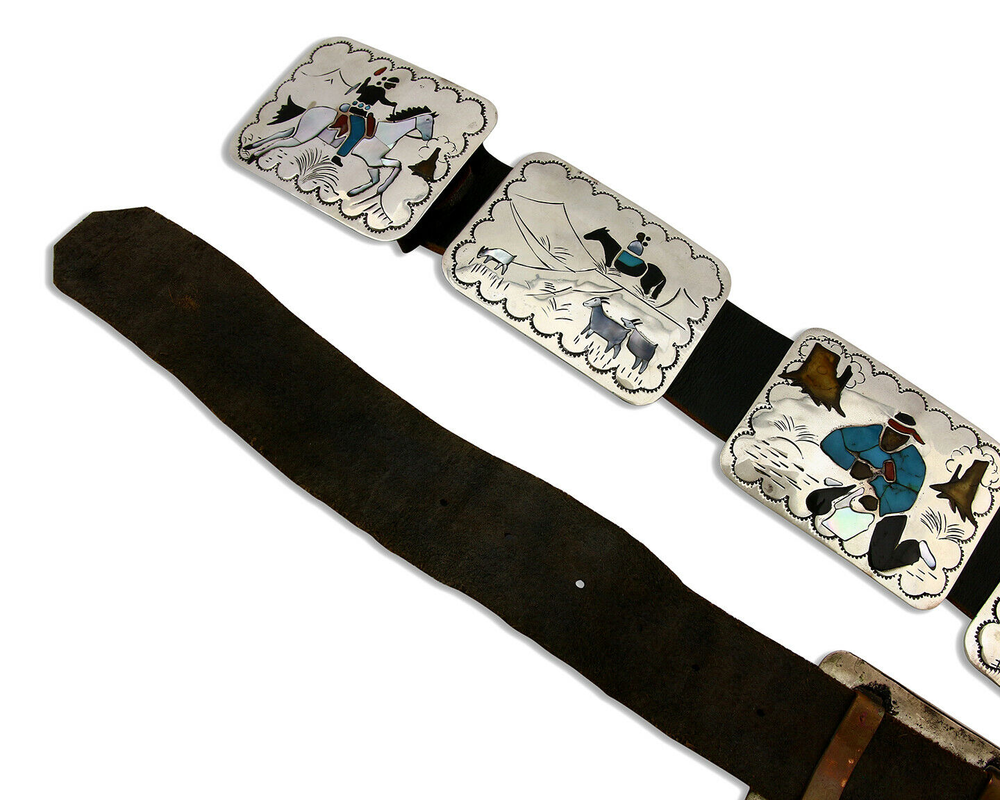 Navajo Concho Belt .925 Silver Inlaid Signed Benjamin Becenti C.80's