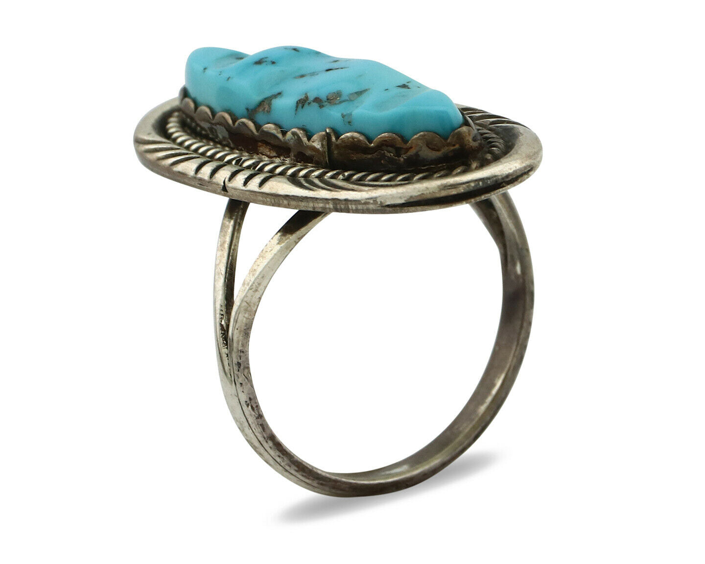 Zuni Ring .925 Silver Natural Hand Carved Turquoise Signed MS C.80's