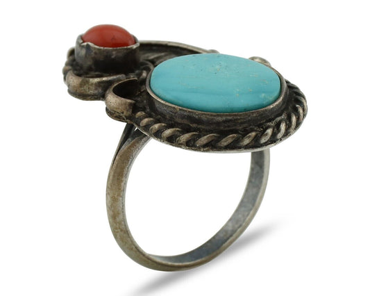 Navajo Handmade Ring 925 Silver Turquiose & Coral Native American Artist C.80's