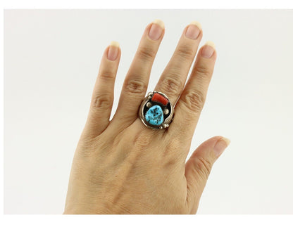 Zuni Ring 925 Silver Blue Turquoise & Coral Artsti Signed Patsy Allopowa C.80's