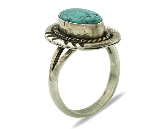 Navajo Ring 925 Silver Blue Spiderweb Turquoise Native American Artist C.80's
