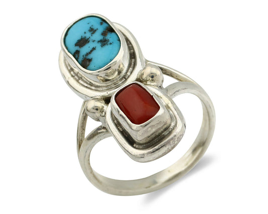 Navajo Ring .925 Silver Red Coral & Blue Turquoise Native Artist C.80's