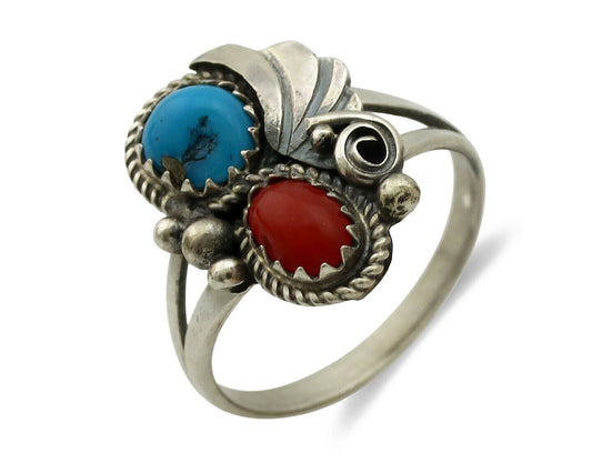 Navajo Ring .925 Silver Morenci Turquoise & Coral Native Artist Signed JM C.80's