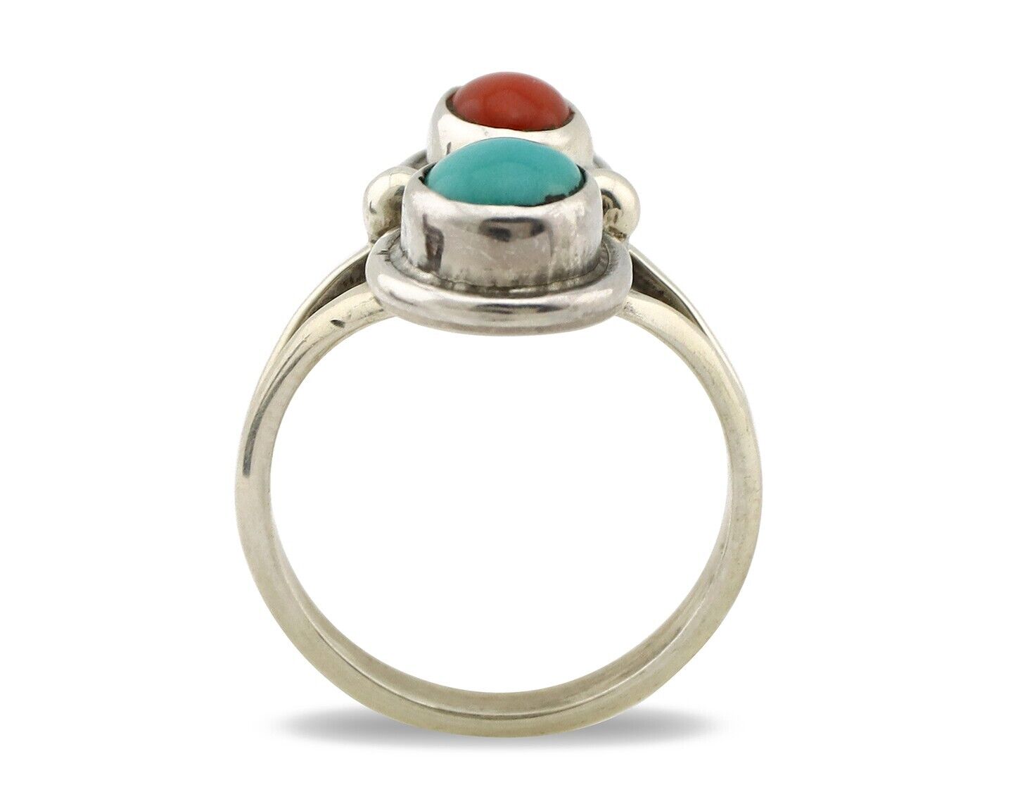 Navajo Handmade Ring 925 Silver Coral & Turquoise Native American Artist C.80's