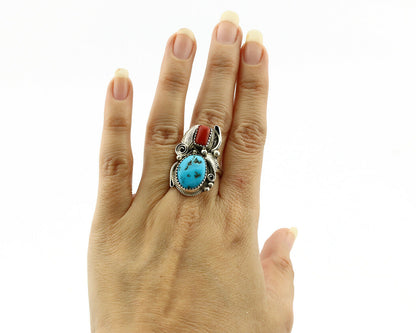 Navajo Ring .925 Silver Turquoise & Coral Artist Signed Justin Morris C.1980's