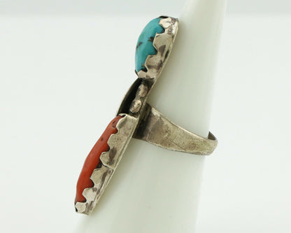 Navajo Ring .925 Silver Turquoise & Coral Native American Artist C.1980's