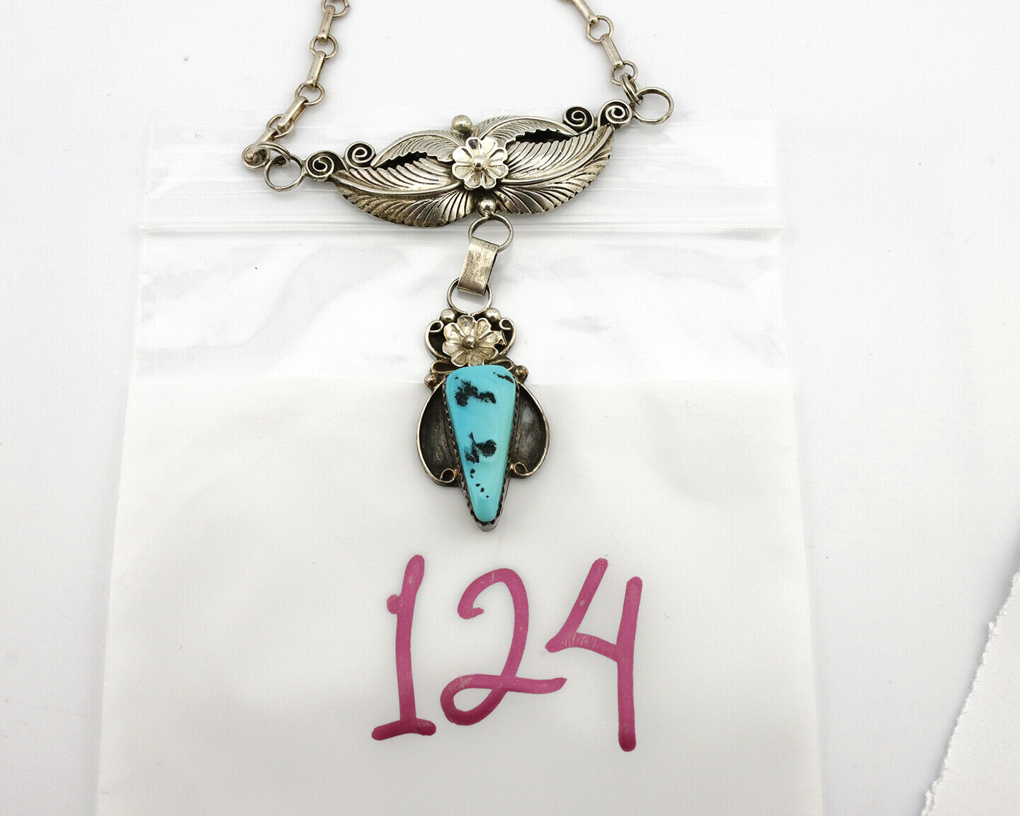 Navajo Necklace .925 Silver Sleeping Beauty Turquoise Signed K C.80's